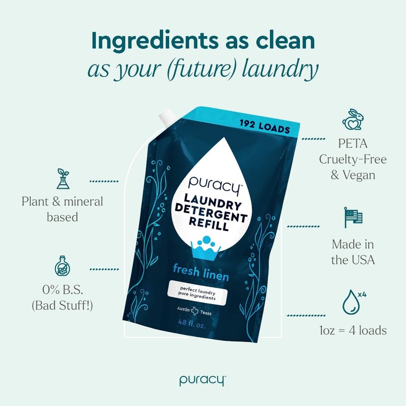 Puracy Laundry Detergent Refill - Enzyme-Powered Liquid Laundry Detergent Concentrate, Natural Laundry Detergent Seen on TikTok, Non-Toxic (Fresh Linen, 48 fl oz, 192 Loads) - Image 3